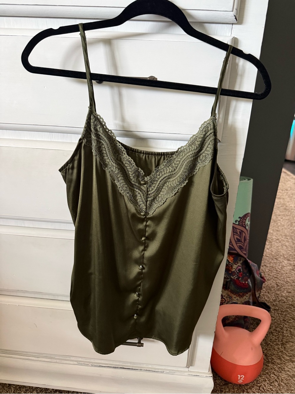 Olive Lace-Trim Satin Cami Top